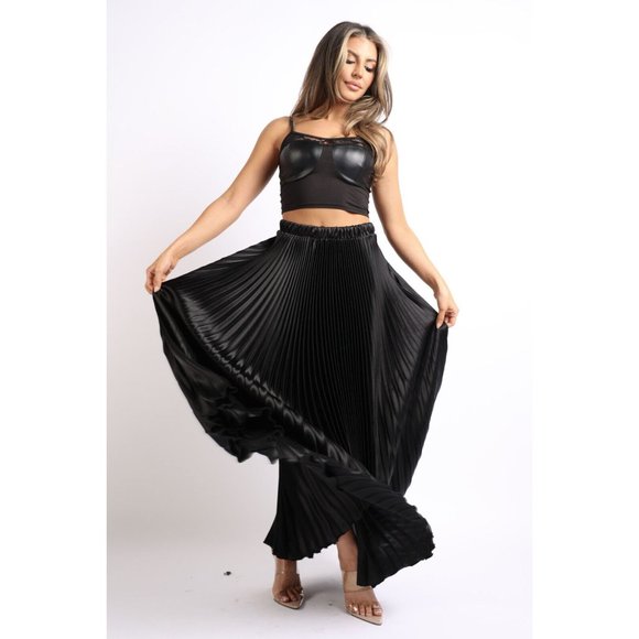 Women's Elastic High Waist A-Line Pleated Satin Maxi Skirt Formal Prom Party - Picture 10 of 10